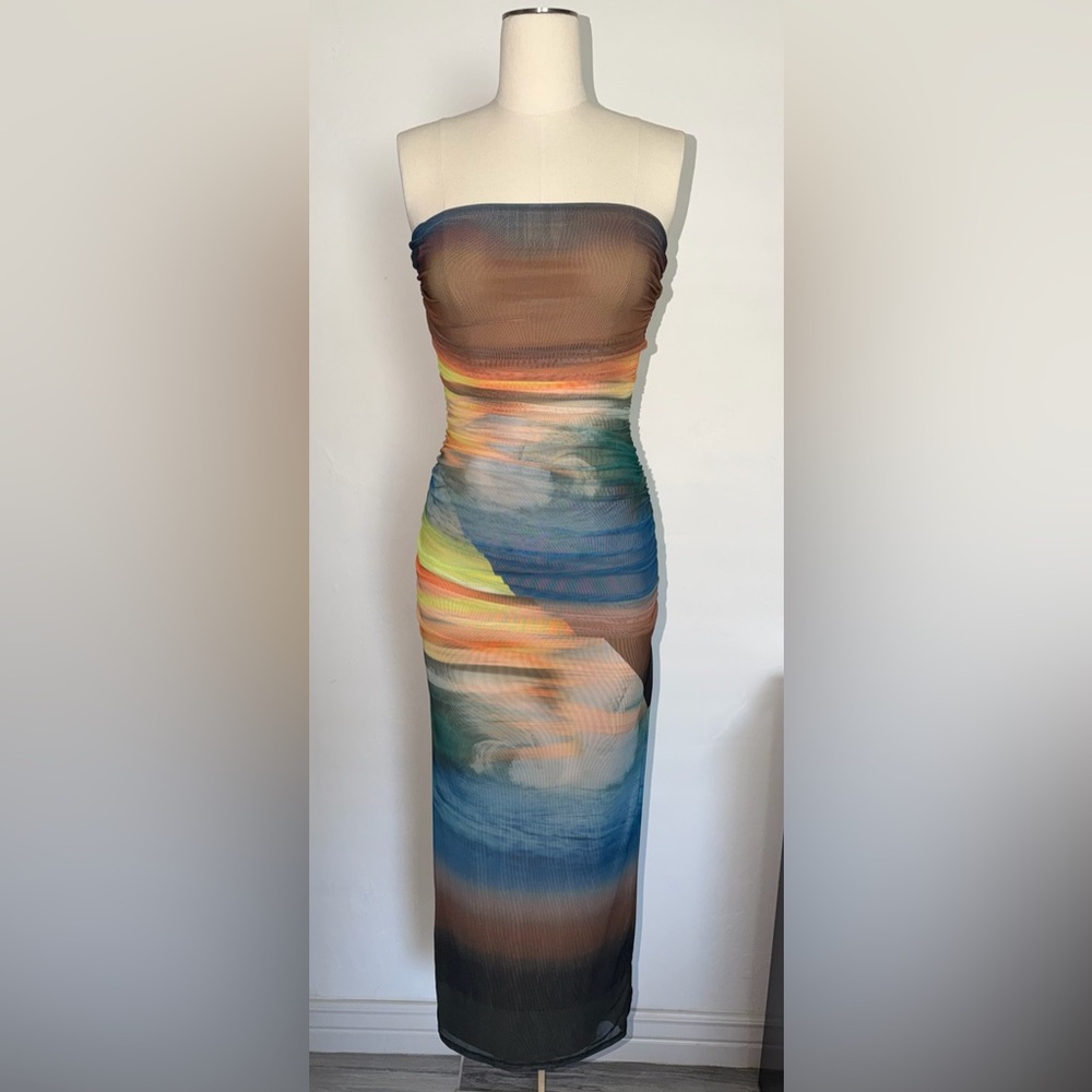 AFRM Multicolor Sheer Ruched Maxi Dress in Blue, Green & Brown Tones